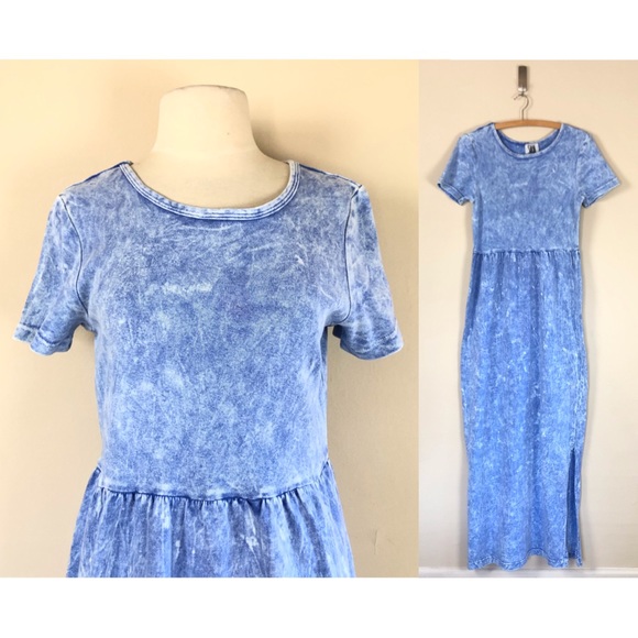 Vintage Dresses & Skirts - vintage 90s acid washed faux denim jean dress tie dye‎ maxi t shirt grunge y2k